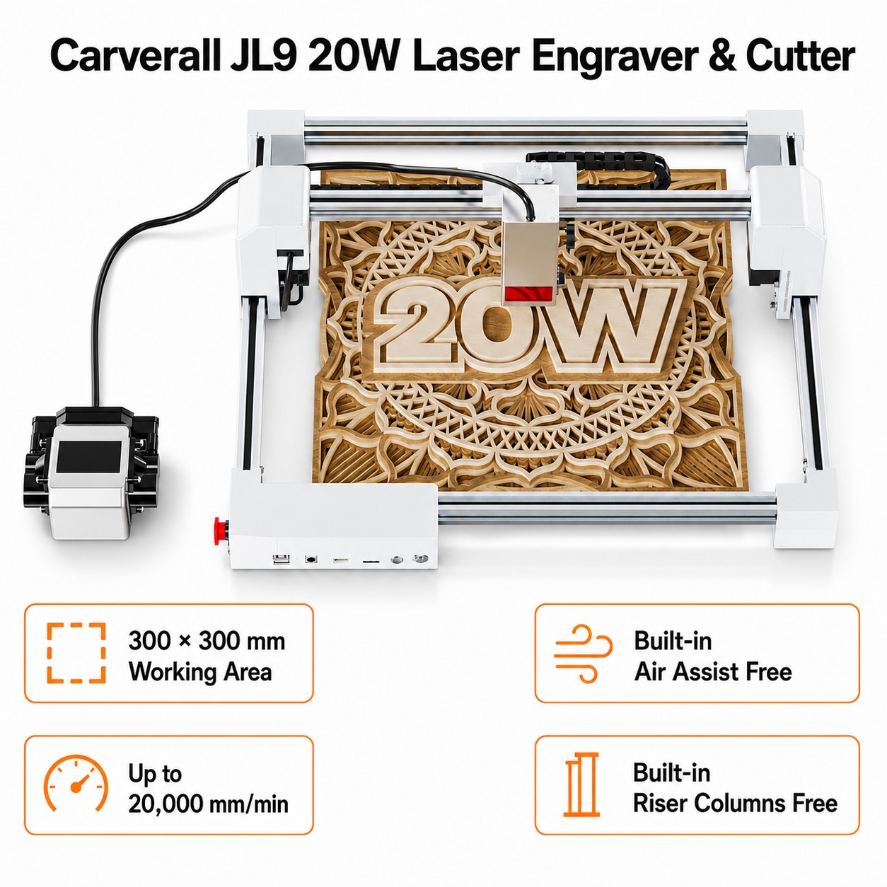 Industrial Laser Engraving Machine - เครื่องแกะสลักเลเซอร์ Carverall JL9 20W, เครื่องแกะสลักเลเซอร์แบบตั้งโต๊ะขนาด 300x300